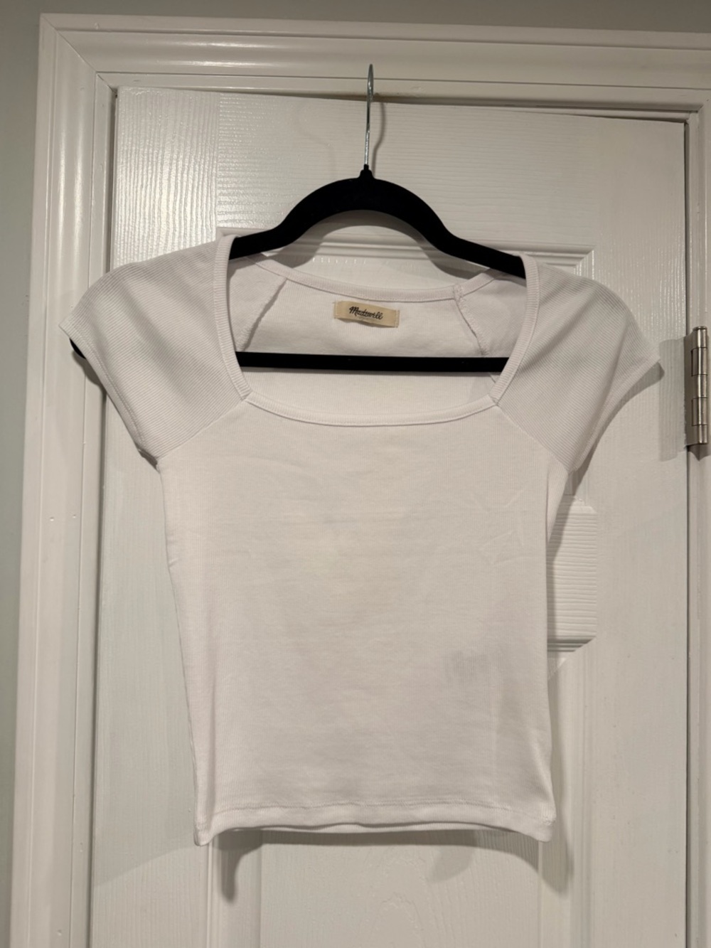 NWOT Madewell Size L White Square Neck Short Sleeve Ribbed Stretch Cropped Top